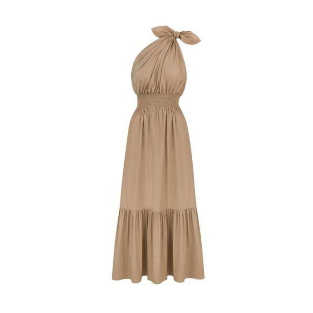 MONICA NERA One Shoulder Maxi Dress Smocked‎ Waist Tiered Ruffle Taupe Small S